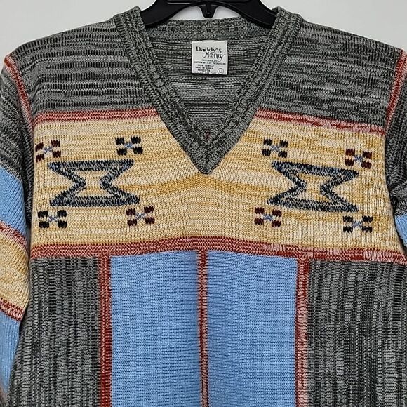 Daddy's Money 3/4 Wide Sleeve V Neck Aztec Print Vtg 70s Sweater Size Large - Picture 2 of 8